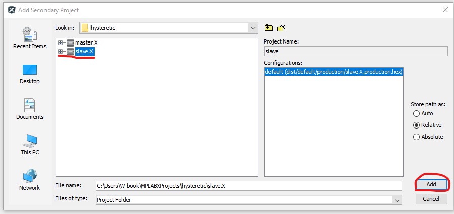 MPLAB Add secondary project dialog box