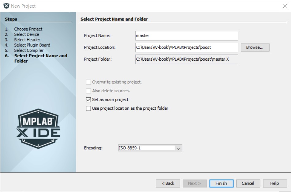 MPLAB New Project Select Project Name and Folder Dialog Box