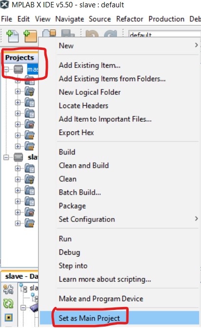 MPLAB X IDE Set as Main Project menu
