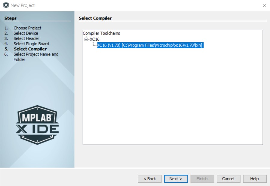 MPLAB New Project Select Compiler Dialog
