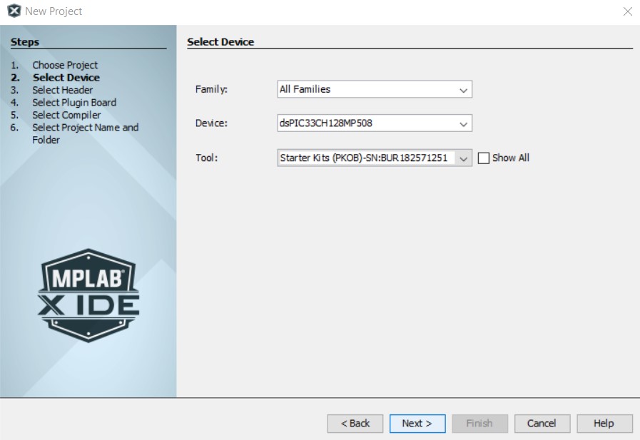MPLAB New Project Select Device Dialog
