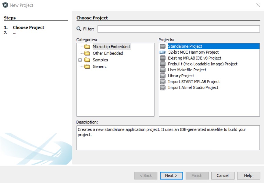 MPLAB New Project Choose Project dialog box